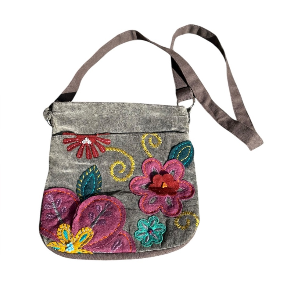 Floral Embroidered Crossbody Bag Gray Pink Velvet Applique Adjustable Strap